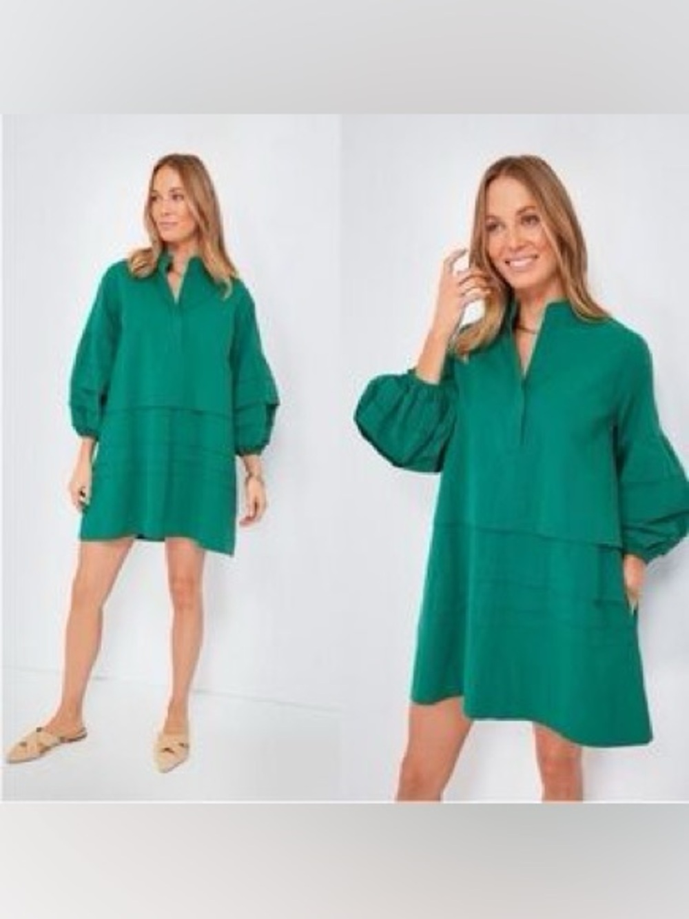 Emerald Green Bishop Sleeve Mini Dress